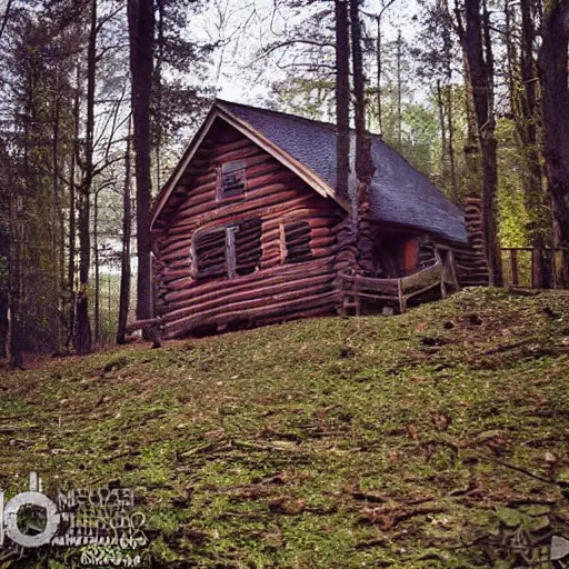 Image similar to a photo of a Eerie cabin in the middle of the woods in the style of 1980s found footage