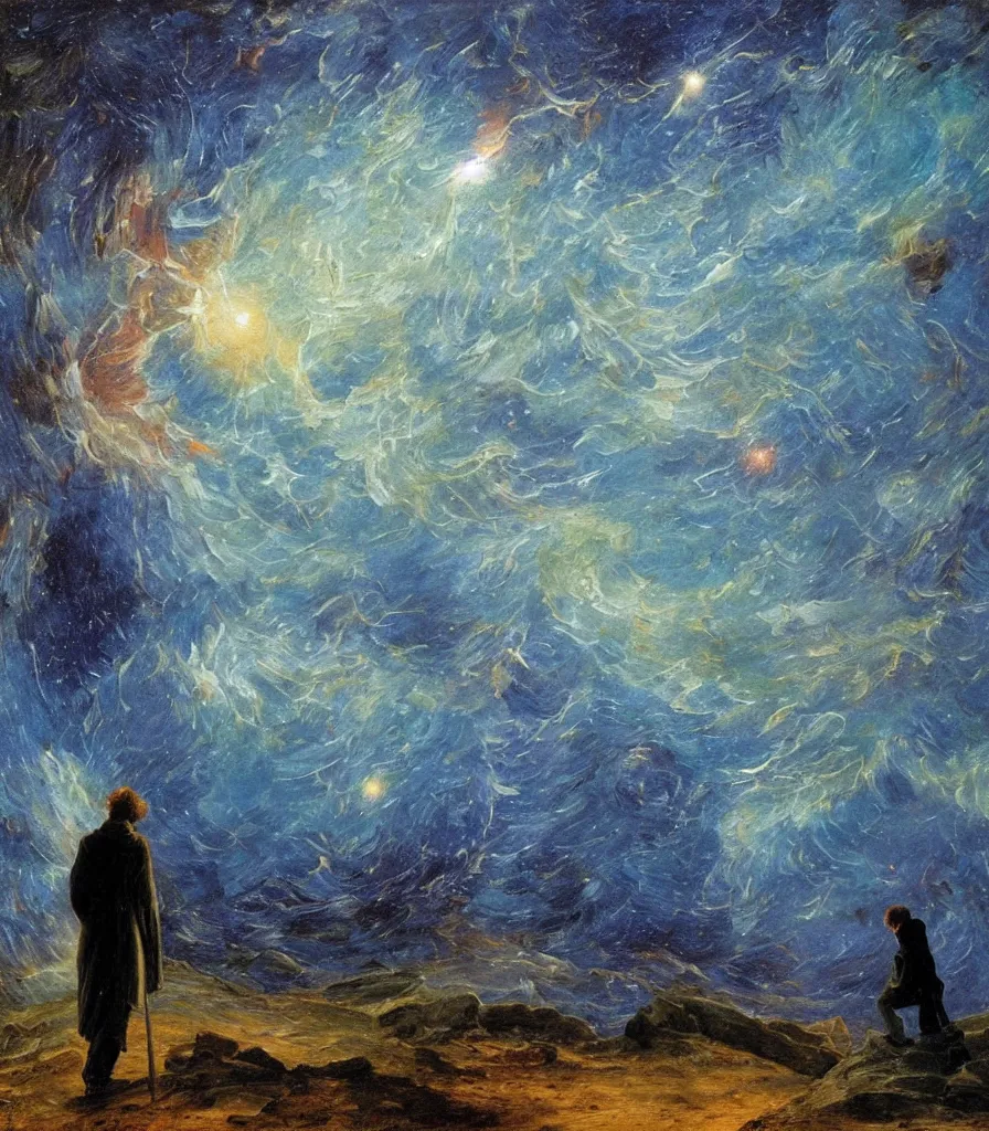 Prompt: an impasto oil painting of a futuristic wanderer gazing into a the universe painted by caspar david friedrich, light colors, starts, galaxy, impressionism