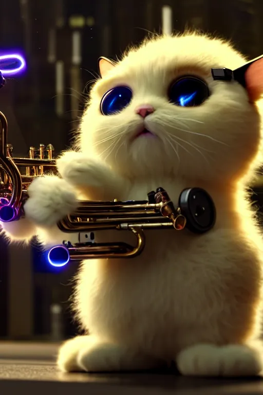 Image similar to high quality 3 d render very cute fluffy cyborg!! cat plays trumpet, cyberpunk highly detailed, unreal engine cinematic smooth, in the style of blade runner & detective pikachu, hannah yata charlie immer, moody light, low angle, uhd 8 k, sharp focus