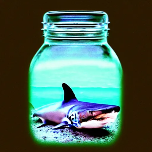 Prompt: Beautiful colored-photo cameraphone 2005 soft Photograph of Shark in a jar