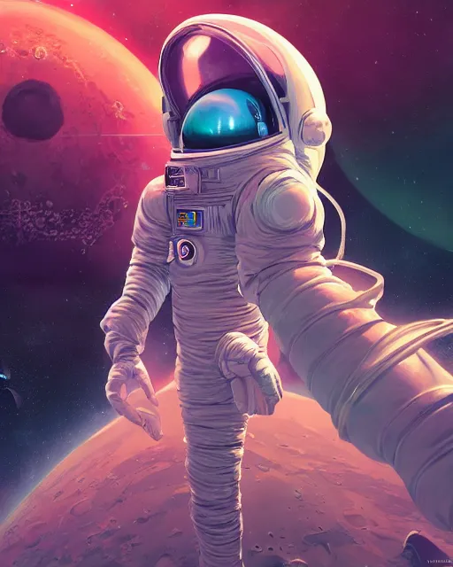 Image similar to wide shoot portrait of ethereal cosmonaut lie relaxed on a crescent moon between the stars and the planets in outer space, cosmonaut post grunge concept art,high detail,4k, trending on artstation by josan gonzalez, Yoshitaka Amano and tyler edlin