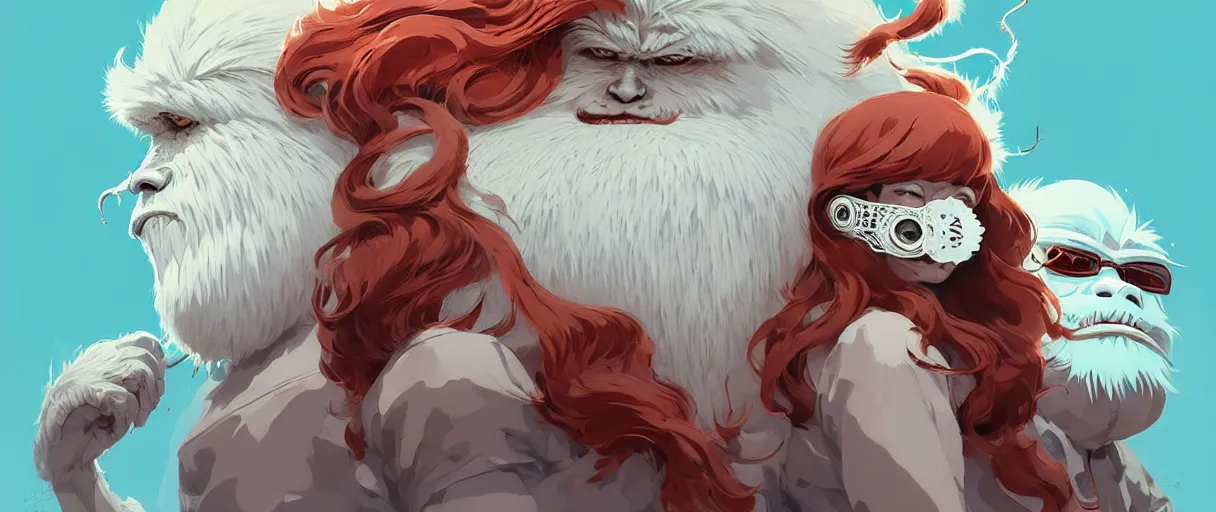 Prompt: beautiful artistic - wave highly detailed portrait yeti and bigfoot, with kitsune mask, long red hair, by atey ghailan, by greg rutkowski, by greg tocchini, by james gilleard, by joe fenton, by kaethe butcher, dynamic lighting, gradient light blue, brown, blonde cream and white color scheme, grunge aesthetic