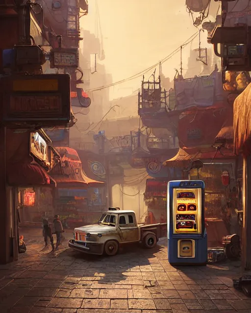 Prompt: talking truck buying cigarettes from a vending machine in a robust fantasy village, calming, uplifting mood, ultra realistic, factory, funny, small buildings, highly detailed, epic lighting, illuminated, cinematic, morning, art by eddie mendoza