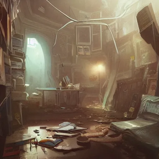 Image similar to detailed room in the sewer lair The room is a clean and delicate room ,over the bed there is a sword rack ,everything is neat ,stack of comics on the floor,soft,light,bright,epic,awesome,digital art, by Greg rutkowski and rossdraws