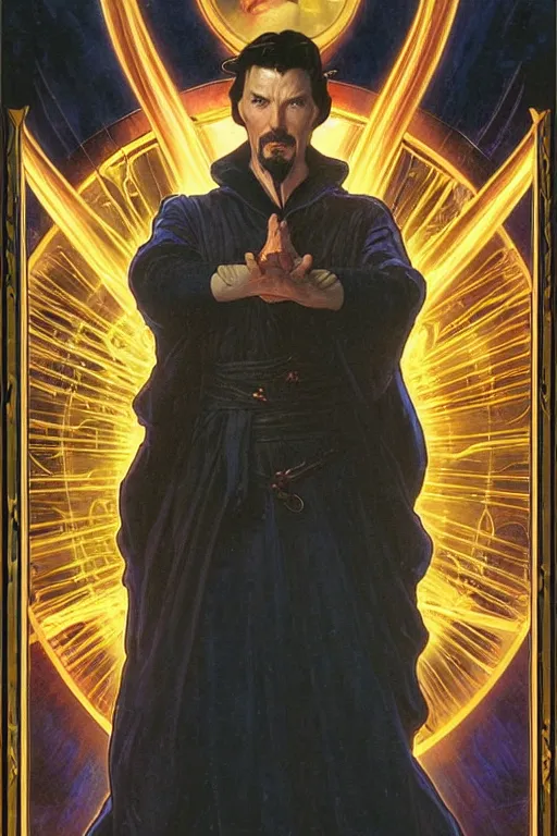 Prompt: An Epic Tarot Card of Dr. strange casting dynamic powerful spell. lit by dark evil magic portal, amazing colour harmony and variation, simple background, by Donato Giancola, William Bouguereau, John Williams Waterhouse and Alphonse Mucha