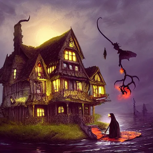 Prompt: a scary witch on a broom in front of a witch house which is made out of candy, floating on the ocean, epic scene, fantasy, cinematic, hyper - detailed, in the style of greg rutkowski