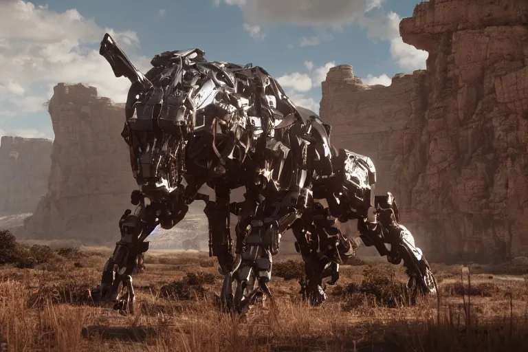 Image similar to a cinematic still from Westworld, red mech, armored core, octane render, nvidia raytracing demo, masterpiece