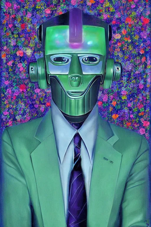 Image similar to a digital painting of a robot in a suit and tie, 1965 character portrait by Vladimir Tretchikoff, cgsociety, panfuturism, made of flowers, neo-figurative, vaporwave