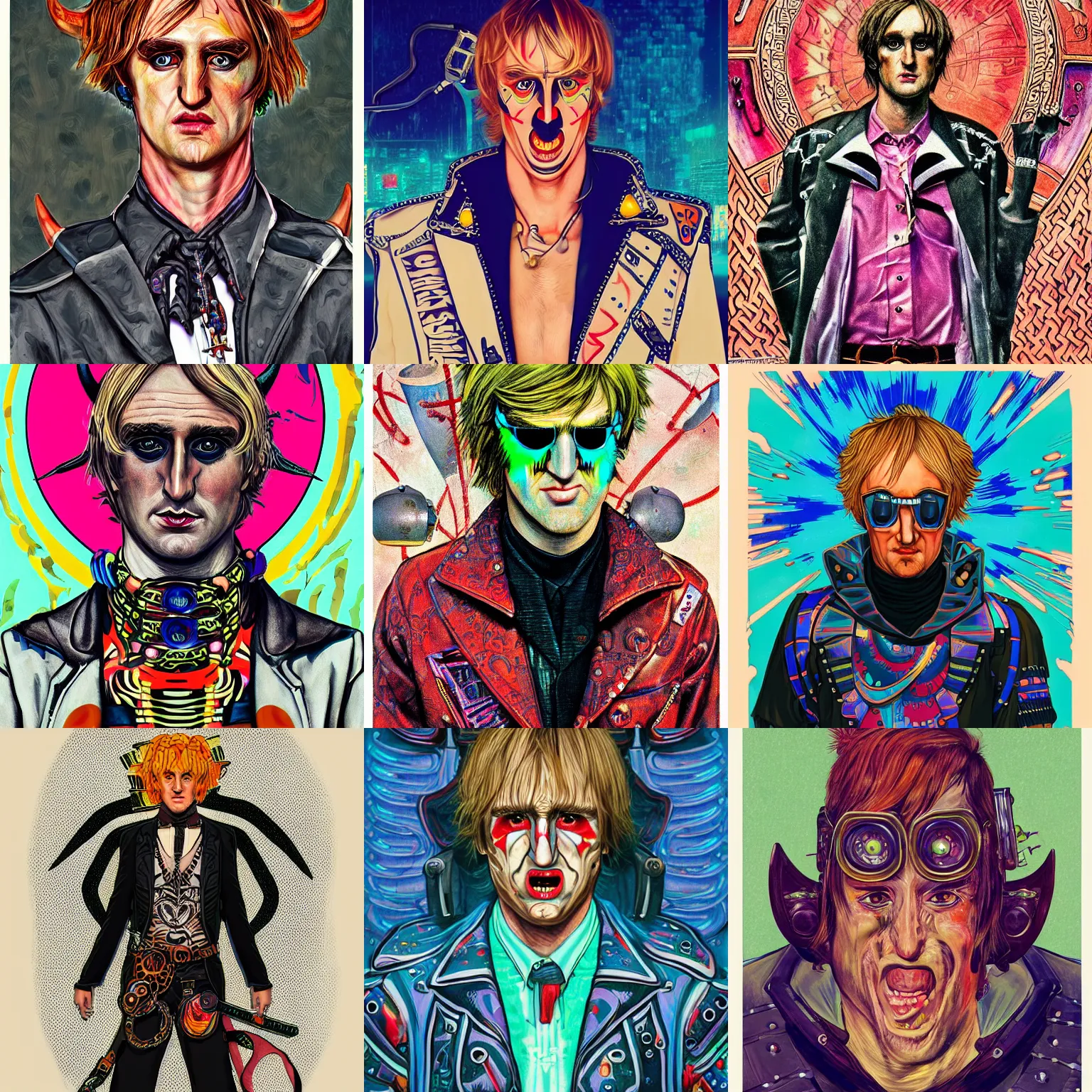 Prompt: a detailed portrait of a fashionable ancient celtic demon owen wilson wearing a cyberpunk bosozoku outfit the style of william blake and norman rockwell, kubrick, futurism, vibrant color scheme, crisp, artstationhd