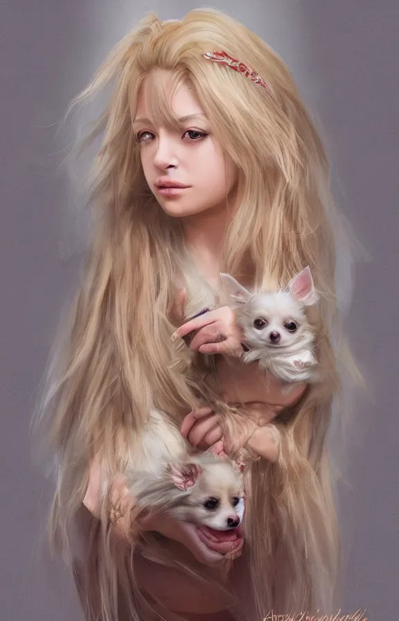 Prompt: the beautiful blonde princess of cute old long - haired chihuahuas, hyper - realistic concept art illustration, trending on artstation