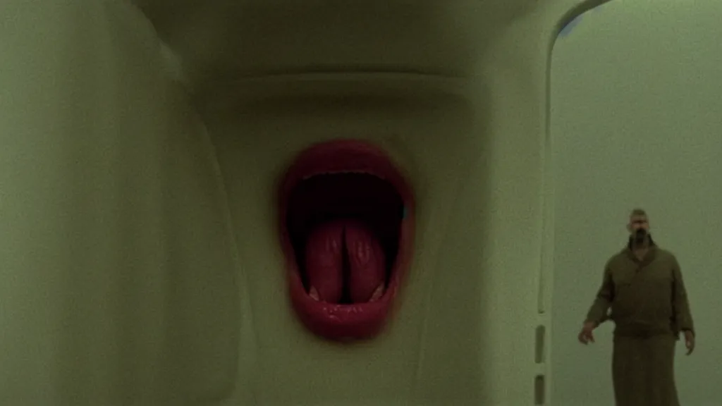 Image similar to the giant tongue waits in the refrigerator , film still from the movie directed by Denis Villeneuve with art direction by Zdzisław Beksiński, wide lens