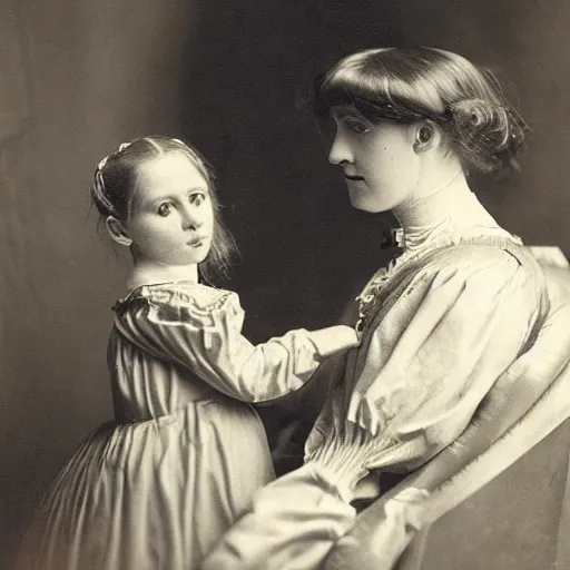 Image similar to portrait of a life size victorian female robot standing in with a human child in her care, 8 k, soft lighting, highly detailed realistic, face in focus 1 8 9 0's photography