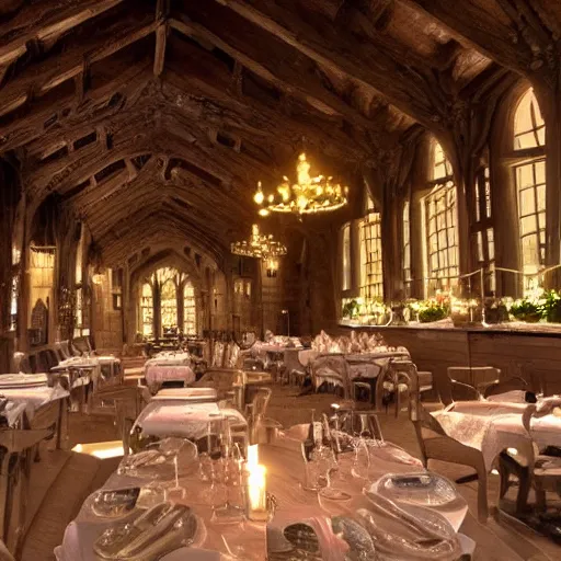 Prompt: a dining hall in a gothic castle. It's dark, and only moonlight lights up the scene.