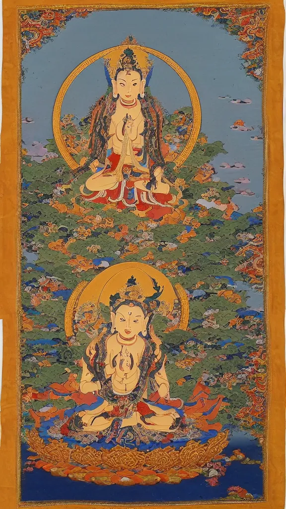 Image similar to a stunning intricate high-quality ornate ultradetailed Manjusri bodhisattva subdue demons, thangka arts, Tibetan, ca 12th century, Manjusri bodhisattva is shown seated on a lotus throne, with his right hand resting on his knee and his left hand holding a sword, Manjusri bodhisattva wears a crown and ample robes, and he has a serene expression on his face. The background is decorated with an intricate pattern of flowers and clouds, 64 megapixels, HDR, filmic, Octane, 8K resolution, ultrafine detail, ultrawide-angle lens, micro details, ray tracing,