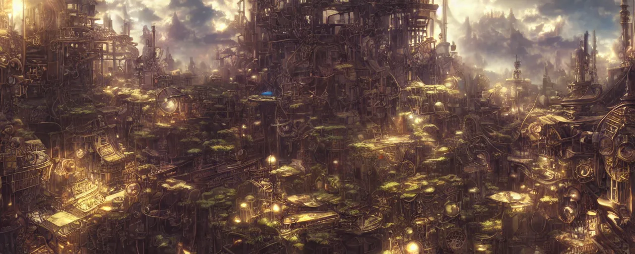 Image similar to steampunk anime landscape, beautiful, artstation trending, deviantart, highly detailed, focus, smooth, by hirohiko araki, yoshitaka amano