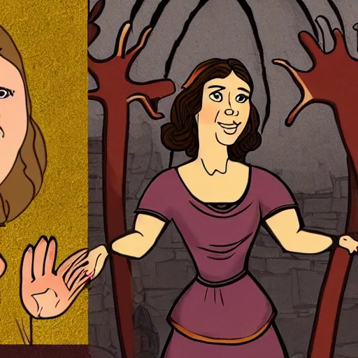 Image similar to rachel bloom as an animated princess looking at a jesus statue covered in bloody severed hands, set in a medieval world, digital art