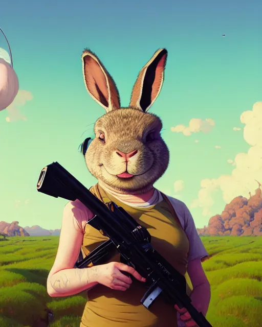 Image similar to highly detailed surreal vfx portrait of a cute, happy big chungus, shooting two mac - 1 0 s, stephen bliss, unreal engine, greg rutkowski, loish, rhads, beeple, makoto shinkai and lois van baarle, ilya kuvshinov, rossdraws, tom bagshaw, alphonse mucha, global illumination, detailed and intricate environment