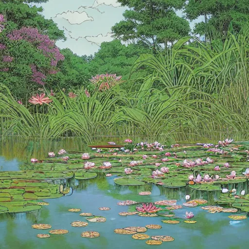 Image similar to a beautiful painting of a waterlily pond by Geof Darrow, Trending on artstation