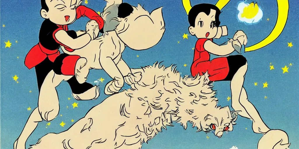 Image similar to astroboy riding a big maine coon cat, [ osamu tezuka ]