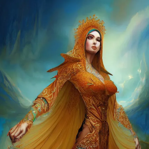 Image similar to a beautiful woman wearing algerian kaftan by alex gray and android jones , Karol Bak, Ayami Kojima, Amano , concept art, character design, fantasy,3D, 8k resolution