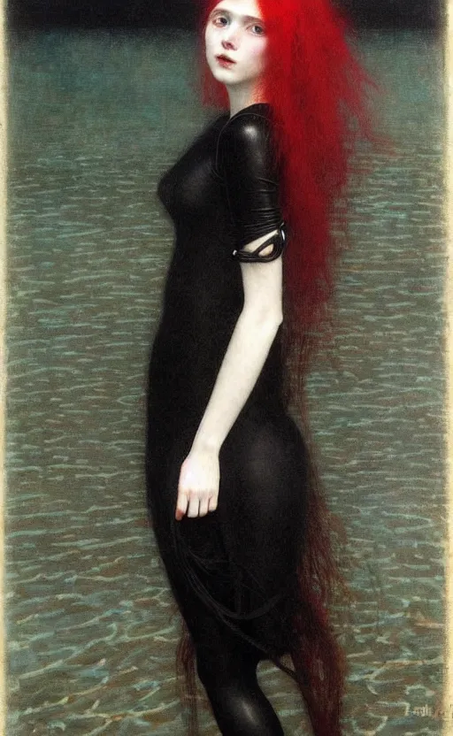 Image similar to portrait of a girl with long red hair in a black dress, under water, very beautiful style, girl wrapped in a leather salafan bag in black, photorealism, edgard maxence,