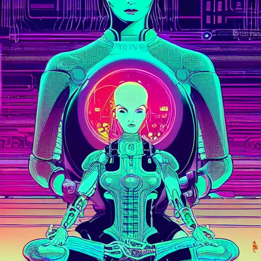 Prompt: a portrait of a beautiful cybernetic woman meditating in lotus pose, wires, cyberpunk concept art by josan gonzales and philippe druillet and dan mumford and enki bilal and jean claude meziere