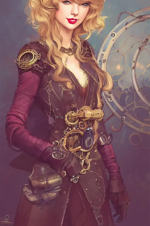 Prompt: taylor swift as a steampunk princess, blonde hair, high fantasy, dnd, smooth, sharp focus, illustration, highly detailed, digital painting, artstation, concept art, by disney animation, rossdraws, alphonse mucha, frank fanzzeta, collectible card art