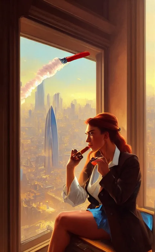 Image similar to Business woman smoking a cigar while she watches the city through a window, sci-fi, highly detailed, digital painting, artstation, concept art, smooth, sharp focus, illustration, art by artgerm and greg rutkowski and alphonse mucha