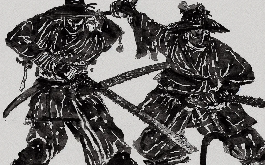 Image similar to samurai wielding a chainsaw, black and white watercolor