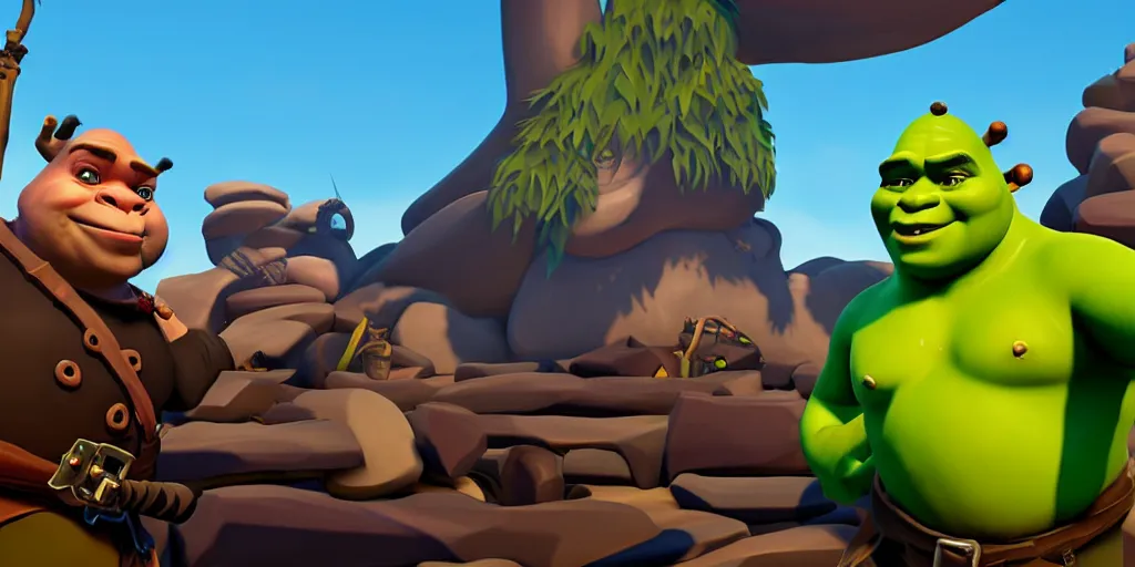 Image similar to selfie of shrek as a sea of thieves character, sea of thieves screenshot, storm, unreal engine, digital art