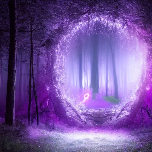 Image similar to purple portal, contains cosmos, inside the dark forest, glowing, vibe, unsettling atmosphere, cinematic, epic, high detail, 8 k, hdr, high resolution, sharp