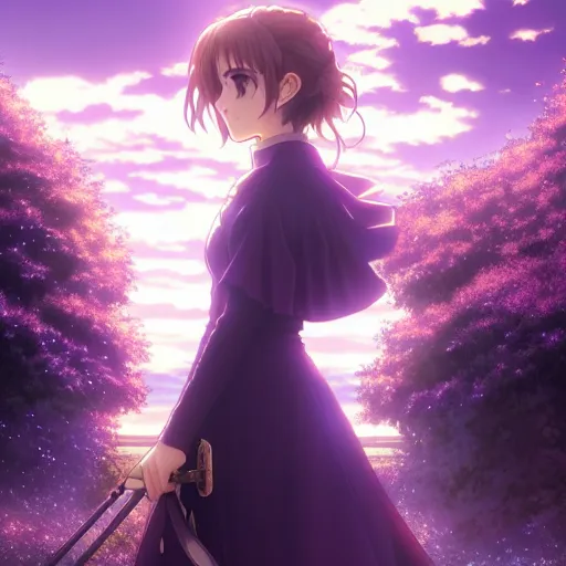 Image similar to medium portrait emma watson in heavens feel movie, detailed face, violet evergarden, tokyo, ufotable, key visual, cinematic, city background, night time, street, fate stay night, unlimited blade works, greg rutkowski, high resolution, street clothes, anime, high budget