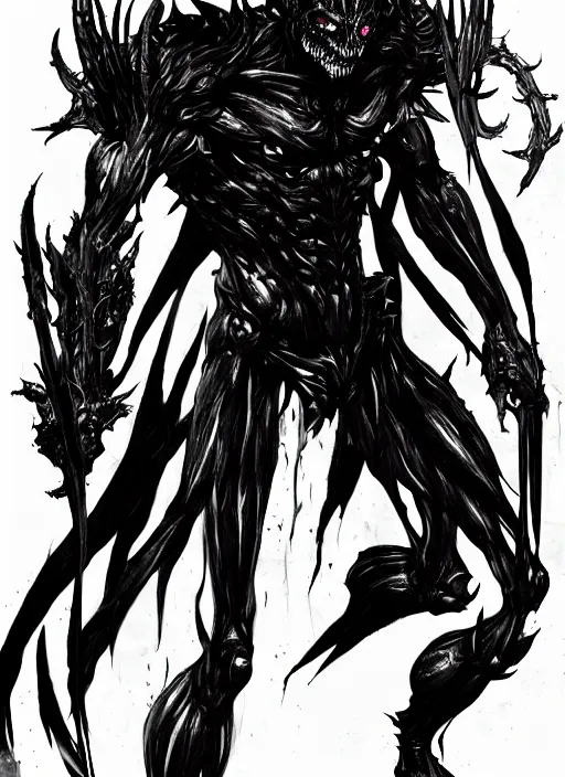 Image similar to A full body portrait of a scary demon with thousand eyes all over the body. In style of Yoji Shinkawa and Hyung-tae Kim, trending on ArtStation, dark fantasy, great composition, concept art, highly detailed.