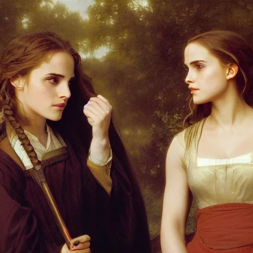 Image similar to Painting of Emma Watson as Hermione Granger standing next to Natalie Portman as Padme Amidala. Art by william adolphe bouguereau. During golden hour. Extremely detailed. Beautiful. 4K. Award winning.