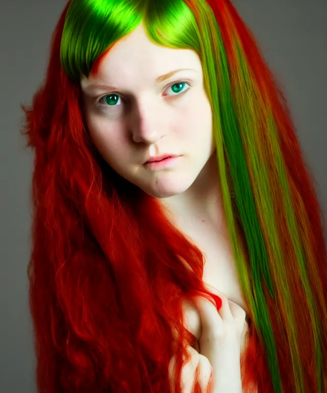 Image similar to Fae teenage girl, portrait, long red hair, green highlights