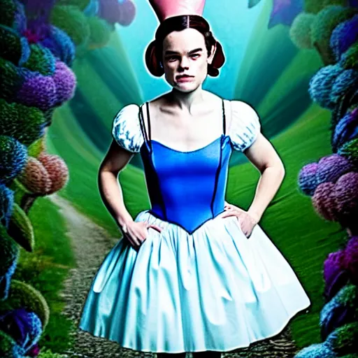 Prompt: beautiful full body portrait of cute alice in wonderland. played by daisy ridley, middle aged, atmospheric, wearing strap shoes, blue white dress