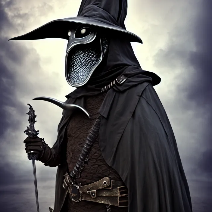 Prompt: full length portrait photograph of a futuristic plague doctor warrior. Extremely detailed. 8k