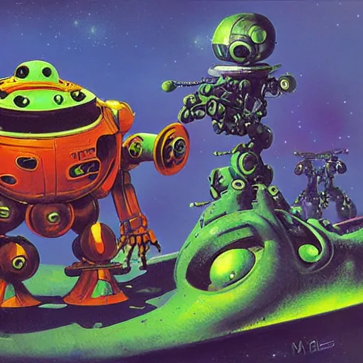 Image similar to a large anthropomorphic frog shaped mecha by paul lehr and moebius