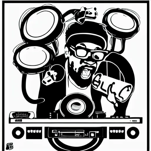 Image similar to svg sticker of a Dancing-Ben-Harper-Snoop-Spike-Lee-with-a-large-Afro-Puff, at a rave, spinning records, giant headphones rocking out, wearing headphones, huge speakers, dancing, rave, DJ, spinning records, digital art, amazing composition, rule-of-thirds, award-winning, trending on artstation, featured on deviantart