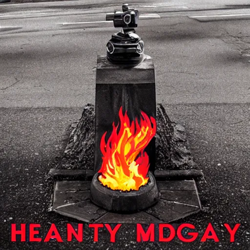 Prompt: heavy metal album cover featuring a fire hydrant surrounded by flames