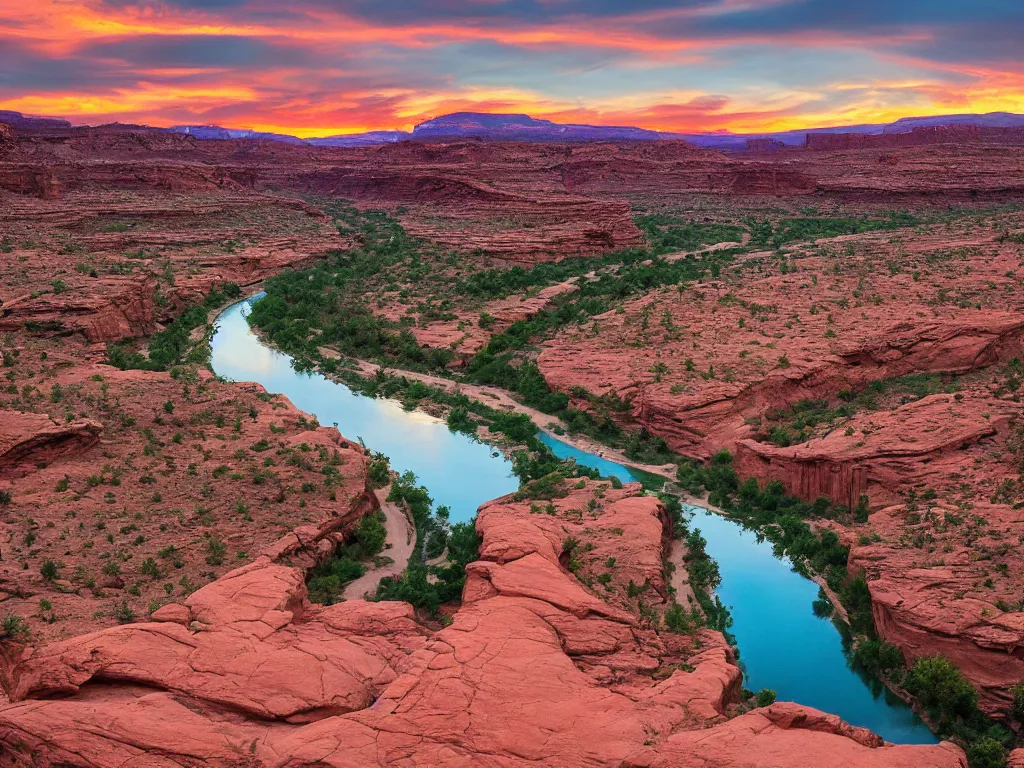 Image similar to “a river bend running through a canyon surrounded by desert mountains at sunset, moab, utah, a tilt shift photo by Frederic Church, trending on unsplash, hudson river school, photo taken with provia, national geographic photo”