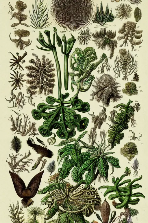 Prompt: an extremely high quality hd, a drawing of a group of plants and animals, an illustration of by earnst haeckel, deviantart, folk art, photoillustration, repeating pattern, woodcut, 8 k, ultra realistic, very realistic