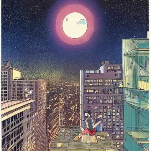 Image similar to a kid in a big city, sits on rooftop, watches a beautiful night full of stars and tech buildings, by satoshi kon and basil gogos