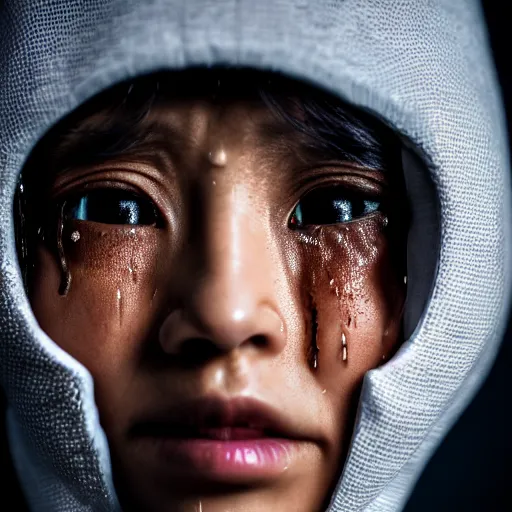 Image similar to photographic portrait of a poor techwear woman with tears in her eyes, closeup, sigma 85mm f/1.4, 4k, depth of field, high resolution, 4k, 8k, hd, full color