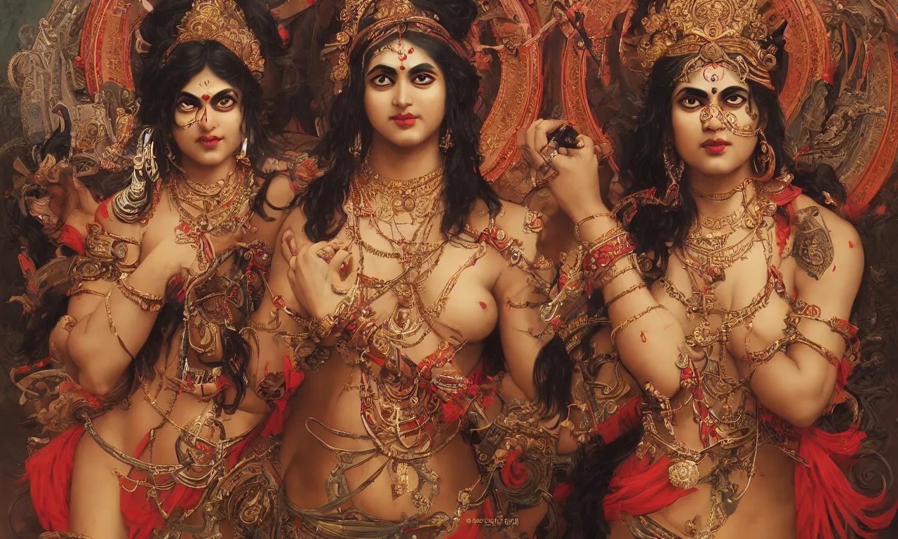 Prompt: Full View of Indian Goddess Kali Ma. Masterpiece 4k digital illustration by Ruan Jia and Mandy Jurgens and Artgerm and William-Adolphe Bouguereau, award winning, Artstation, art nouveau aesthetic, Alphonse Mucha background, intricate details, realistic, panoramic view, Hyperdetailed, 8k resolution, intricate art nouveau, smooth, sharp focus