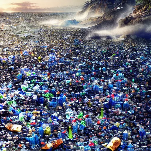 Prompt: tsunami of plastic bottles crashing on a beach, dim volumetric lighting, 8 k octane beautifully detailed render, post - processing, extremely hyper - detailed, intricate, epic composition, giant bananas natural disaster, cinematic lighting, masterpiece, trending on artstation, detailed detailed detailed, masterpiece, stunning art by anders zorn, wonderful masterpiece by greg rutkowski, beautiful cinematic light