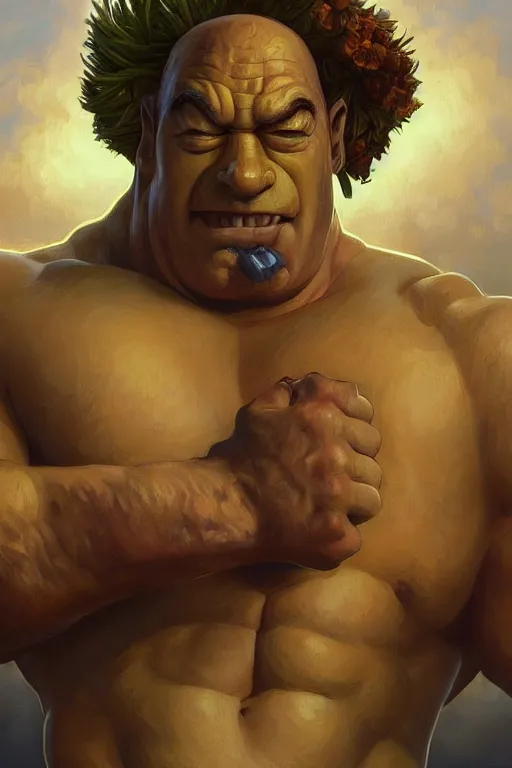 Prompt: portrait of homer simpson as a hulking herculean man, forest, godlike, full body, fantasy, intricate, elegant, highly detailed, digital painting, artstation, concept art, sharp focus, illustration, art by artgerm and greg rutkowski and alphonse mucha