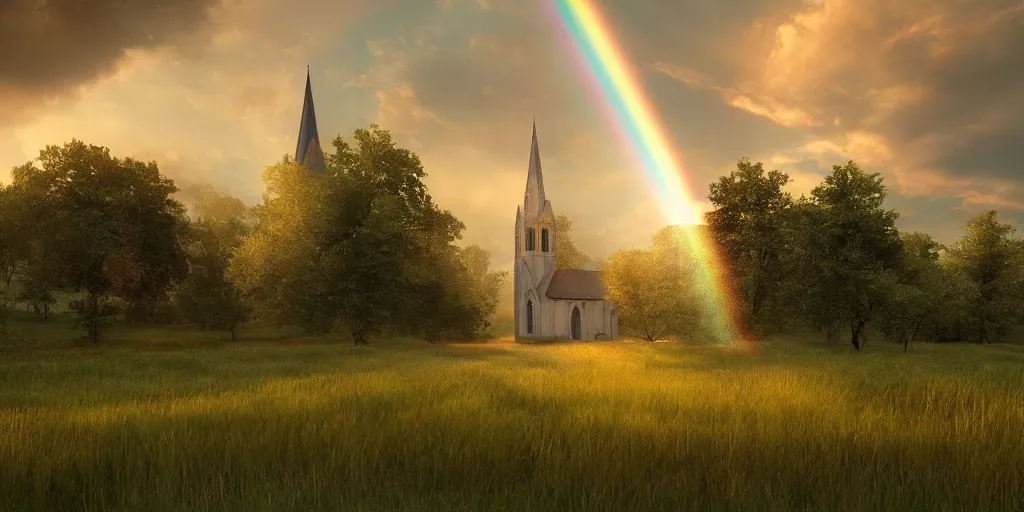 Image similar to idyllic church chapel with a steeple in a lush countryside meadow forest, rainbow across the sky, ethereal, golden swirling dust, iridescent, atmospheric, volumetric, cinematic, light breaking through clouds, greg rutkowski, wlop, otherworldly, glowing, trending on artstation, 8 k, unreal engine
