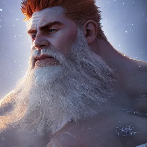 Image similar to a giant frost giant in the mountains, au naturel, hyper detailed, digital art, trending in artstation, cinematic lighting, studio quality, smooth render, unreal engine 5 rendered, octane rendered, art style by klimt and nixeu and ian sprigger and wlop and krenz cushart