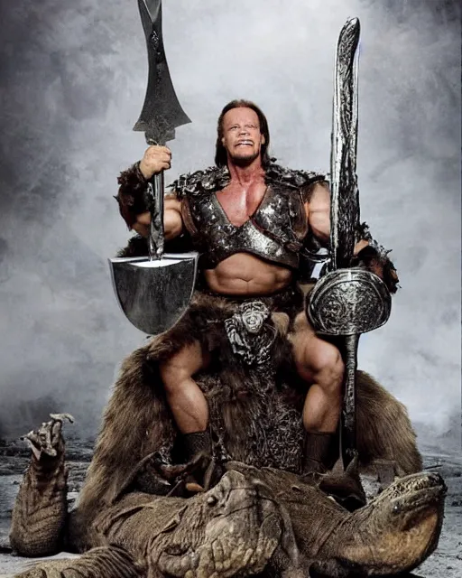 Image similar to arnold schwarzenegger as king conan, directed by john millius, photorealistic, sitting on a metal throne, wearing ancient cimmerian armor, a battle axe to his side, he has a beard and graying hair, on the floor in front of him is an armored komodo dragon, cinematic photoshoot in the style of annie leibovitz, studio lighting